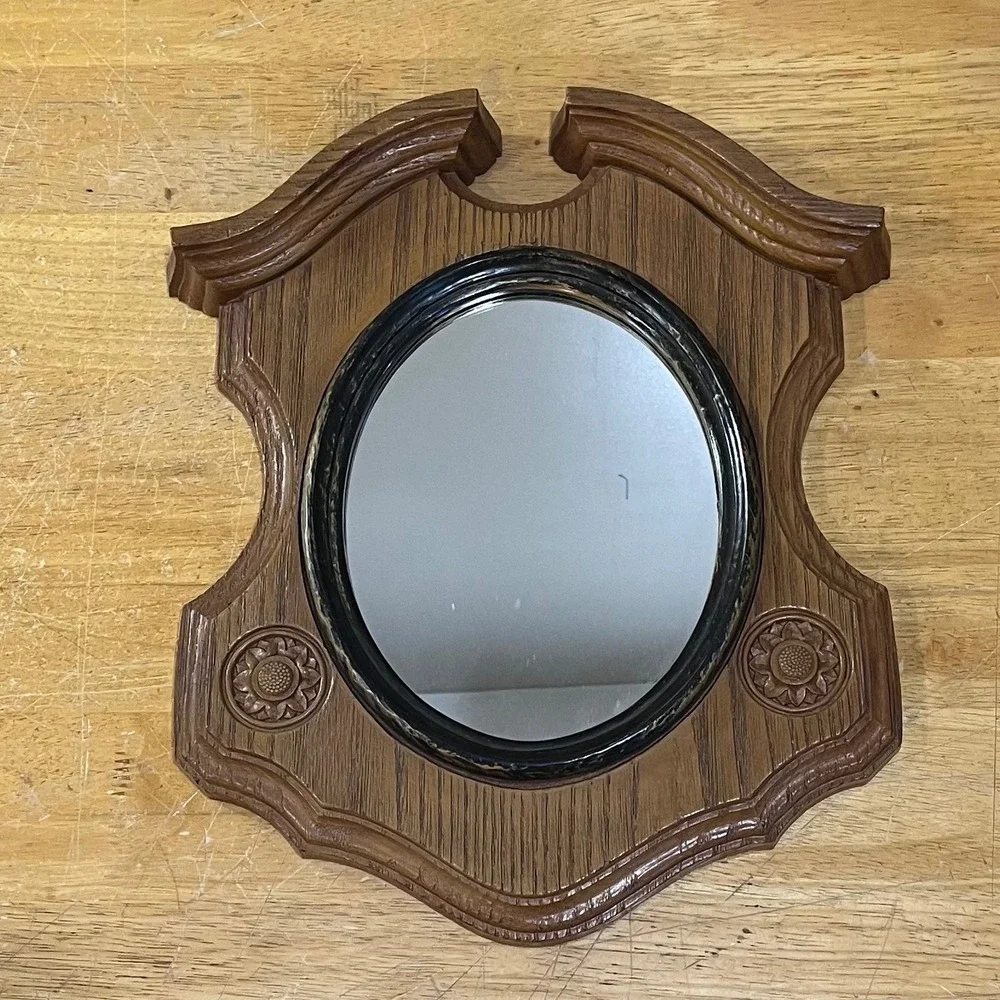 Vtg 1971 Syroco Homco 2391 Faux Wood Shield Wall Mirror Floral MCM 16.5x12.5 USA